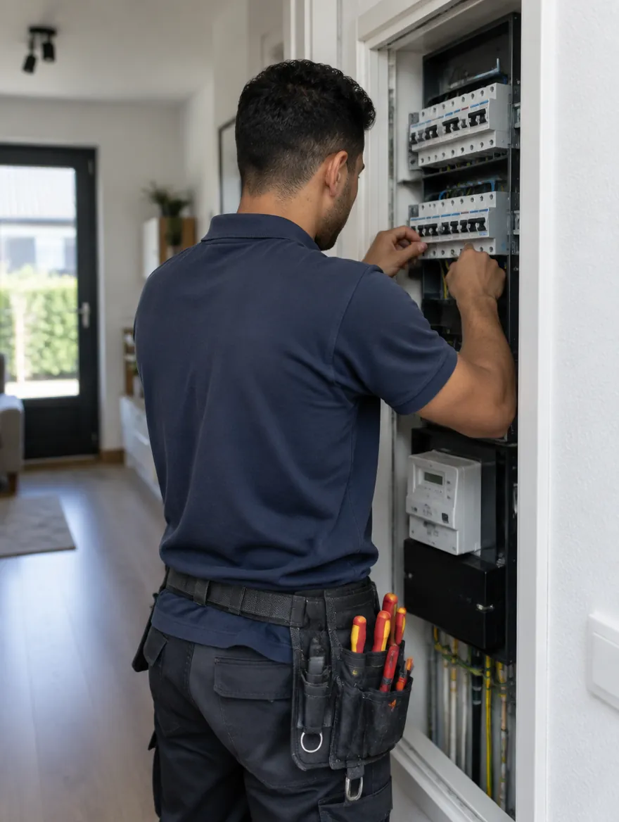 Elektricien van achteren aan het werk bij een groepenkast