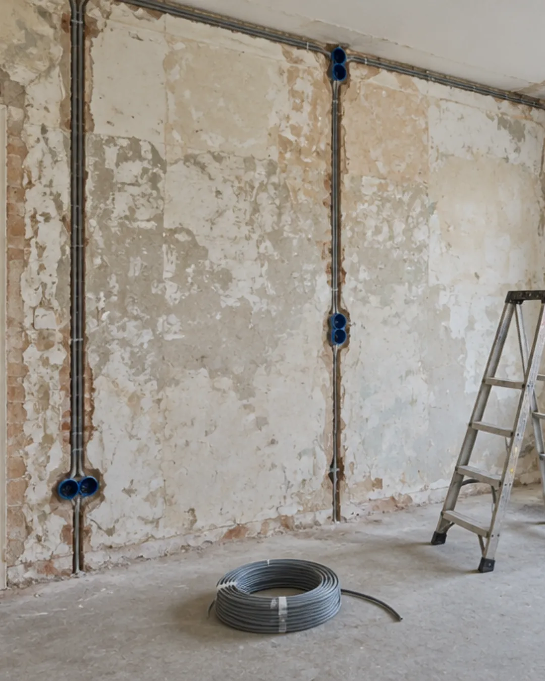 Nieuwe elektraleidingen en inbouwdozen tijdens een woningrenovatie